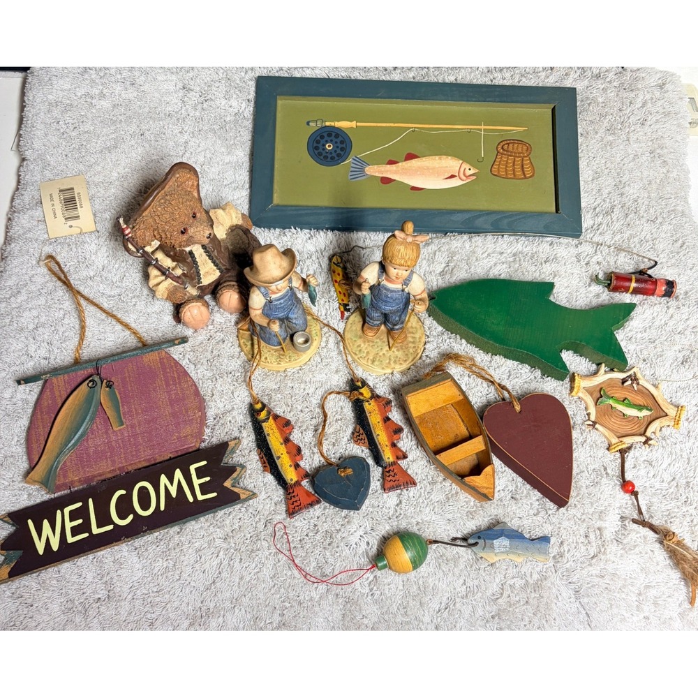 Vtg Home Interiors Denim Days Fishing Decor Lot Rustic LakeCabin Lodge Americana